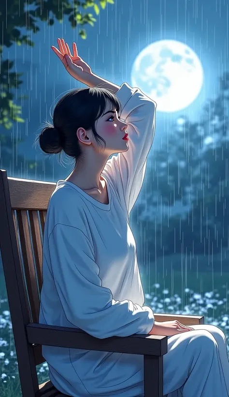 Anime art style with realistic lighting. An exquisite woman in a loose white sweater, the rain looks like falling crystals in the moonlight. It was drizzling, and she sat in a traditional garden chair, with one hand stretched upward toward the incoming moo...