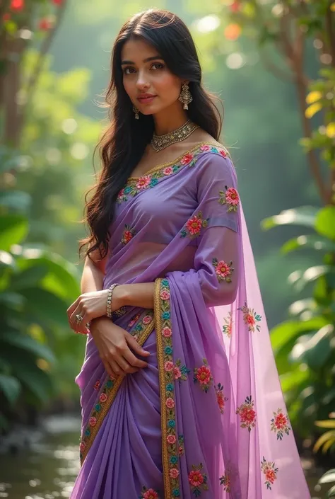 A woman wearing lavender half saree with designs of colourful flowers 