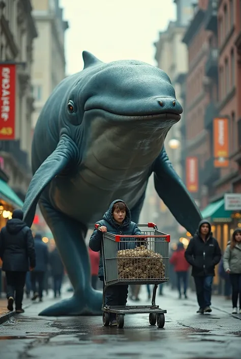 a whale walking down the street with a shopping cart