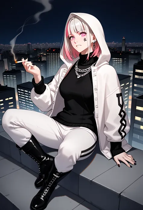 8k,masterpiece, best quality, super high resolution, high resolution, 20s, girl, bang, hime cut, medium hair, pink beautiful eyes, chain, smoking cigarette, black large tattoo on face and neck, white-pink multicolored hair, (oversized white leather jacket ...