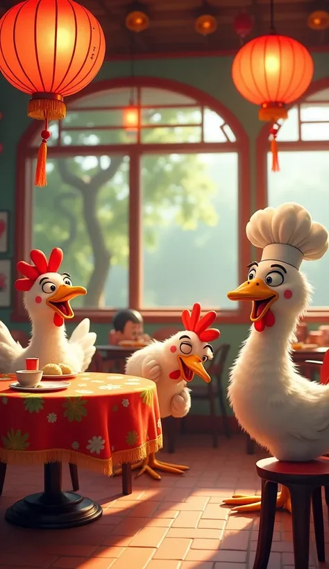 a whimsical scene inside a colorful Chinese restaurant, where a group of cartoon chickens and ducks are playing hide-and-seek, with exaggerated features like oversized beaks and fluffy feathers, one chicken peeking out from behind a large decorative lanter...