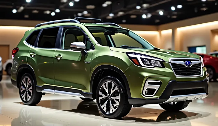 A high-resolution image of the 2025 Subaru Forester Hybrid in Olive Garden Green, positioned in a luxury showroom under bright lights. The focus is on the side profile and wheel design, showcasing its sturdy stance, stylish alloy wheels, and hybrid badging...