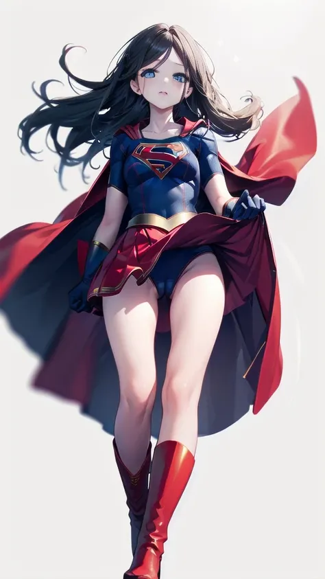 (full body), ( Masterpiece:1.2), (Highest_ quality:1.2), ( narrower _  Details:1.3), 8k, low angle，from below，Big Butt Girl,  medium chest, Pose in front,Bare legs， red boots， 3d rendering,(  supergirl)，  black hair， long hair， blue eyes， red skirt， skirts...