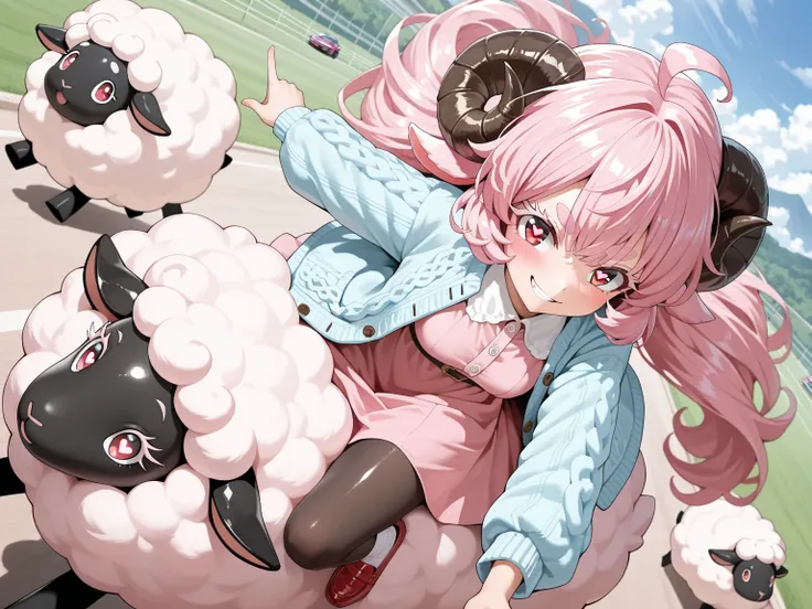 solo, 1girl\((fluffy hair:1.2),cloud-like hair,fine pink long hair,white skin, (thick eyebrow:1.2), (long fine eyelash:1.3), (yellow:1.4) sheep-horn\(detailed,curly ,(yellow:1.4)   \), shiny jewellike eye, detailed pupils, pink cute dress,blue knit jacket,...