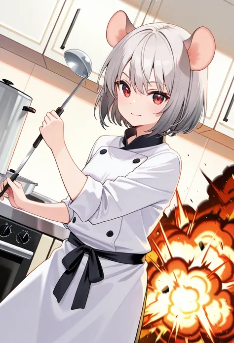 score_9,score_8_up,score_7_up,rating_safety,source_manga,masterpiece,best quality,hyper detailed,super fine illustration,8k,cinematic angle,from front,BREAK 1girl,19yo,solo,(rat ears),(grey hair,short hair),(red eyes),(chef coat),(flat chest:0.7),(little s...