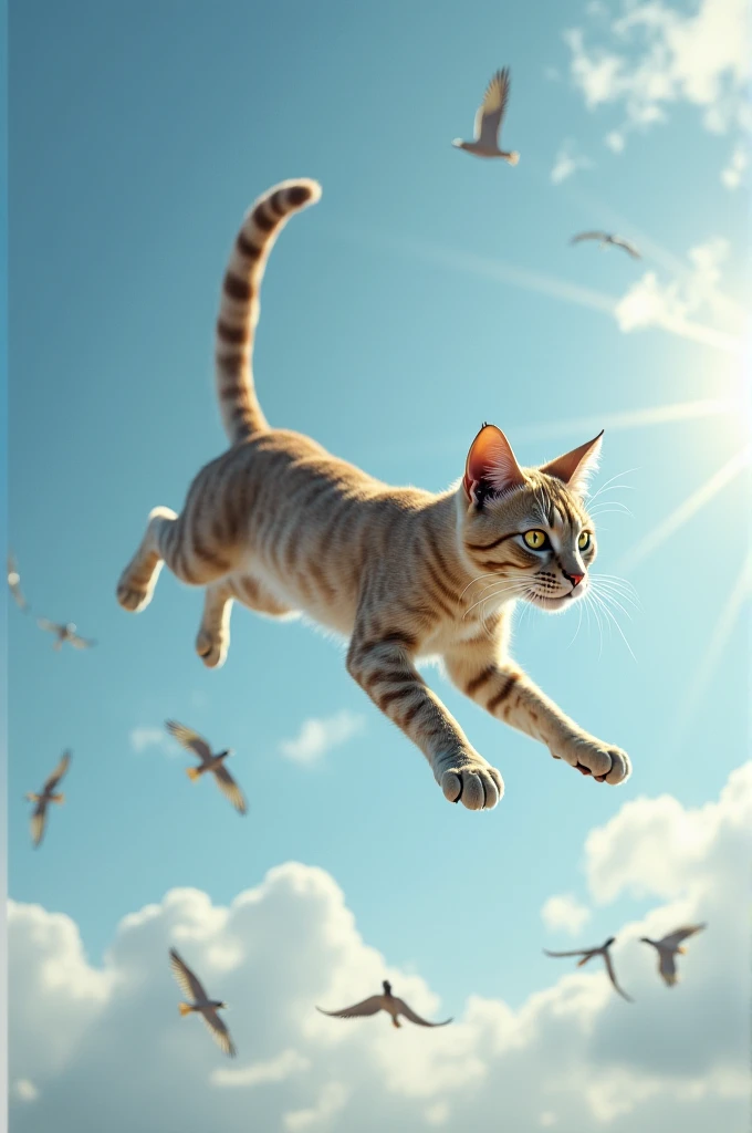 The cat is flying in  air and hunting to birds