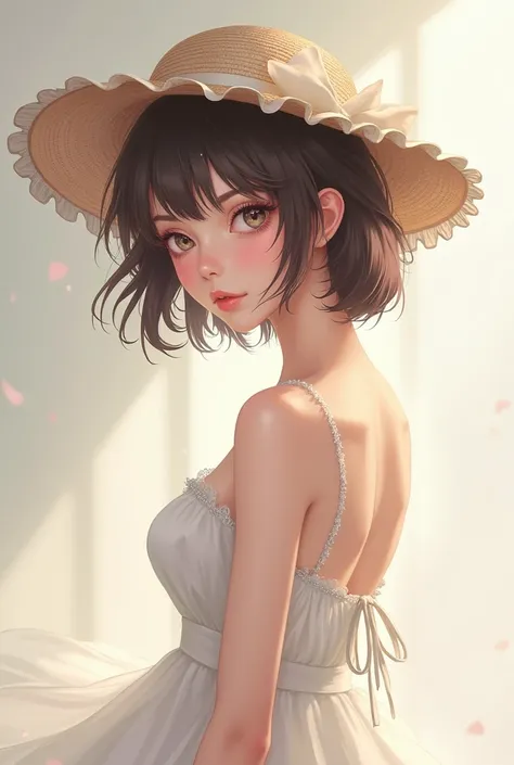 pretty Anime woman with hat. And wearing white dress