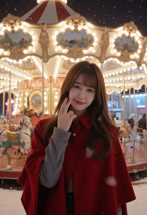 A portrait of an East-Asian woman standing confidently in front of a carousel at night during winter. She is smiling warmly, tilting her head slightly, and holding up one finger. She is wearing a red cape with stylish winter clothes, her long hair with cho...