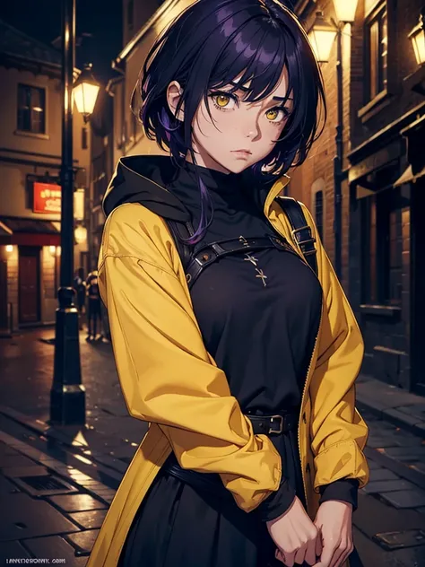 ((DARK FANTASY COLORING, DARK COLOR PALETTE, SORROW LIGHTING, 8K DETAIL QUALITY))
((masterpiece, best quality)), (1girl, anime girl in the medieval city, night),(mature, tan skin), (solo), (female focus, yellow eyes girl, disgusted face), (purple hair, sho...