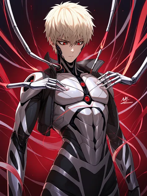 1boy, Genos from one punch man, A sleek, androgynous cybernetic design infused with an alluring elegance—delicate facial features with large, expressive eyes that shimmer with intensity, long wispy lashes framing a gaze that’s both fierce and captivating. ...