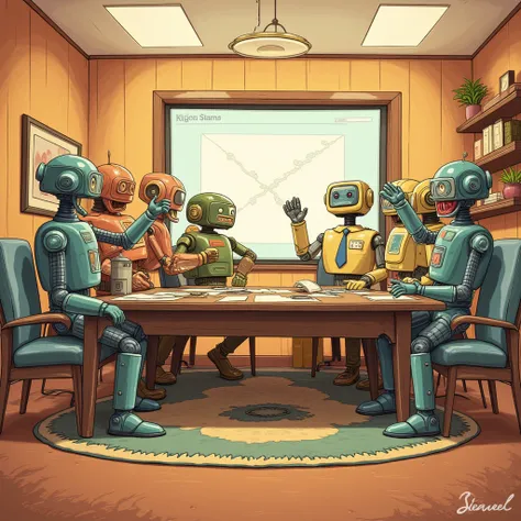 Clipart.  business meeting. Little Robots Reunited . Retro atmosphere.  Business Presentation. 