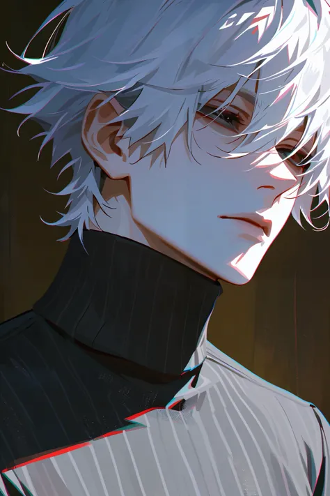 impasto, short hair, masterpiece, best quality, 1 man , white hair , perfect face , black eye , handsome male , Alone, pale skin , adult male , upper body , delicate line drawing,Extremely detailed , a faint smile, black turtleneck