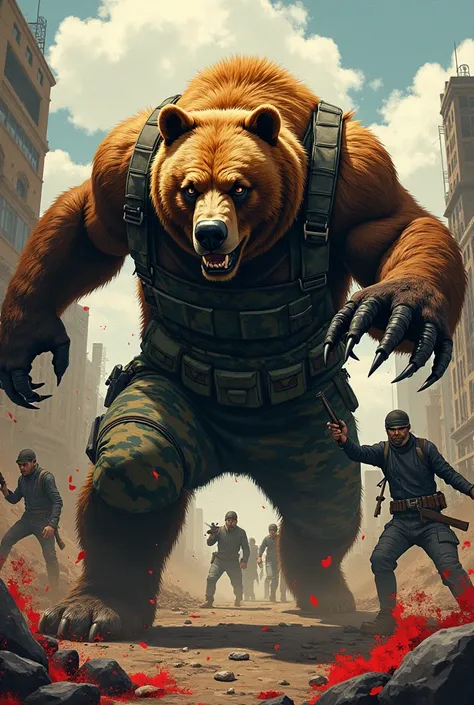 Comic: Japanese action/post-apocalypse anime poster with sourpuss and violent vibes, featuring camo green Kodiak bear fighting thugs.