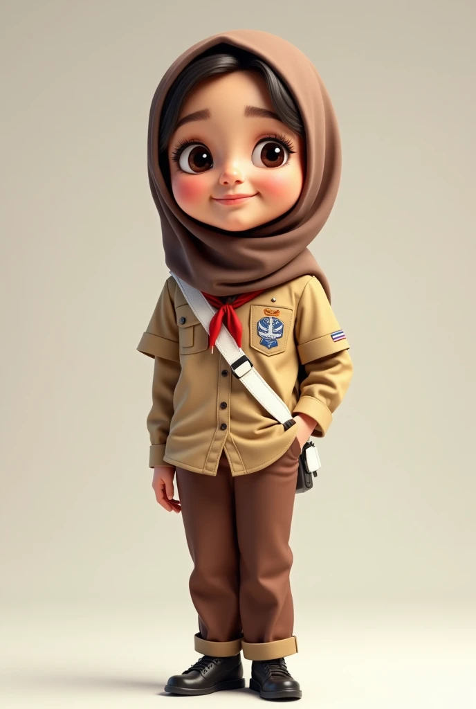  realistic caricature,  a high school girl wearing a scout uniform,brown hijab , brown pants , black shoes , white red hasduk 