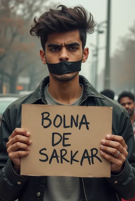 A young man with closed mouth with a tape and a board which is written bolna de sarkar 
