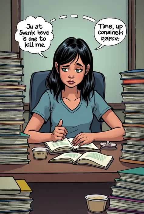 Panel 1:
 
Scene: A young person, Anya, sits at a cluttered desk, surrounded by textbooks and takeout containers.  She looks stressed and overwhelmed.
 
Text (Anya's thought bubble): "This deadline is going to kill me.  This research paper is impossible."
...