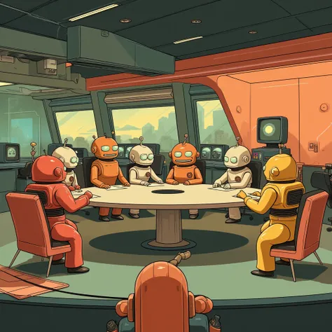 Clipart.  business meeting. Little Robots Reunited . Retro atmosphere.  Business Presentation. Inspired by Ralph McQuarrie.