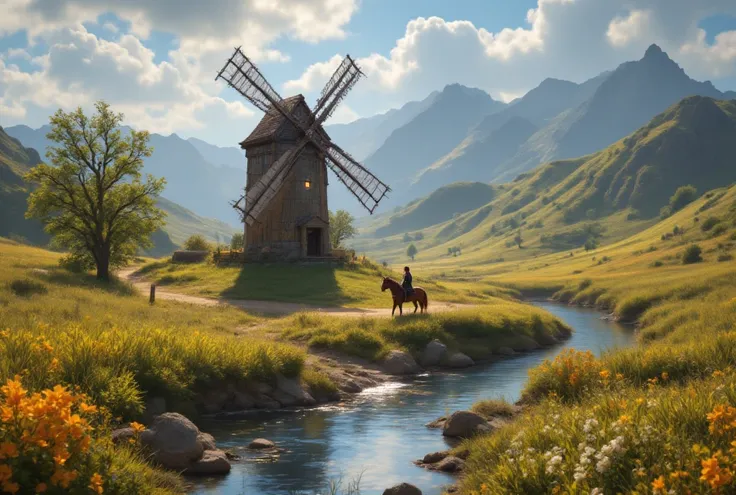  An old windmill in the countryside next to a peaceful river on a sunny day with few clouds. The rays of light pass through the clouds . A walking gentleman passes by riding his horse 