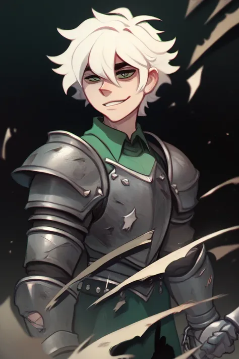 Solo, white hair, 1male, steel armor, green eyes,  the_coffin_of_andy_and_leyley, Short Hair, damaged hair, green tunic, ripped jean, broken shackles, holding dagger, standing, tired smile, no background,