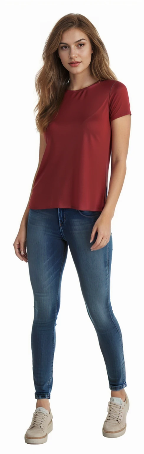 a woman with a brown blouse and jeans posing for a photo, jeans and t-shirt, jeans, wearing a shirt and jeans,  near a skinny ,  red t-shirt  brown pants, jeans, wearing pants and t-shirt,  red jersey , wearing a muscle shirt,  thin waist and thick hips,  ...