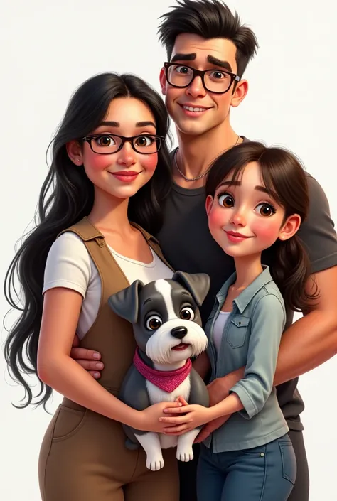 Draw a family portrait in a Disney Pixar style including the following people and pets:

Person 1: 40 year old woman, slim but curvy, long dark hair, wearing dark rimmed glasses, hazel eyes, silver nose ring, she has white skin and features

Person 2: 36 y...