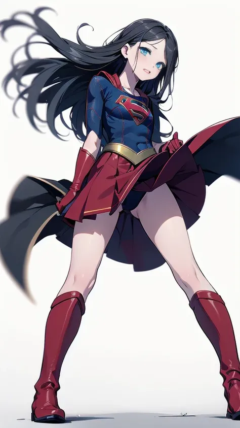 (full body), ( Masterpiece:1.2), (Highest_ quality:1.2), ( narrower _  Details:1.3), 8k, low angle，from below，Big Butt Girl,  medium chest, Pose in front,Bare legs， red boots，,(  supergirl)，  black hair， long hair， blue eyes， red skirt， skirts are short,， ...