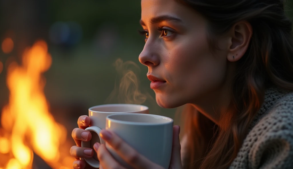  A close-up, side profile shot of a young woman. She smiles softly, holding two mugs of coffee close to her chest.  She listens intently. The warm glow of a bonfire is visible in the background, but the focus is on her.  She is positioned according to the ...