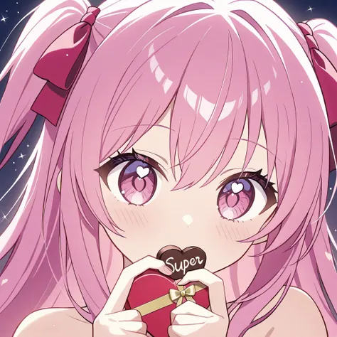 Figure handing over heart-shaped Valentine's Day chocolate:1.5、 in ultra high quality、8k、16k、 super quality next to each other、 detailed face、 Details、 big eyes、 pink eye、 very long hair、 pink hair 、 side up、 simple background、 glitter effect、 full body sh...