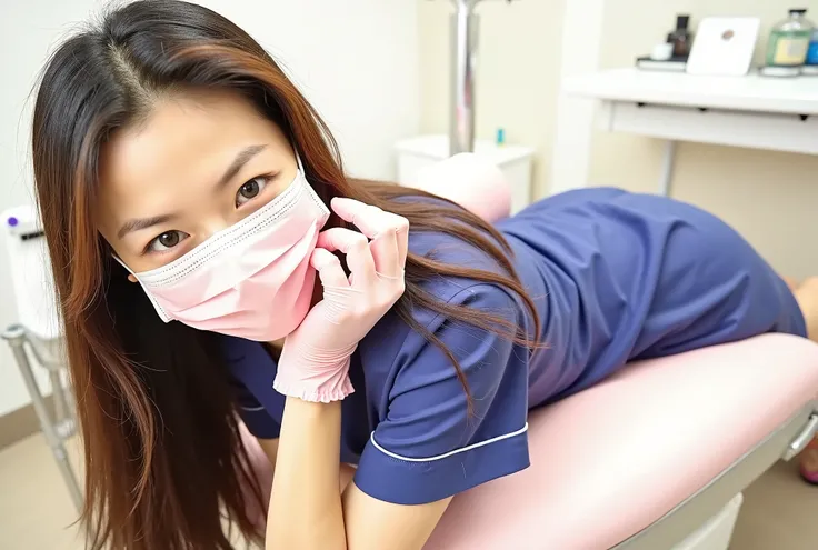   sexy and beautiful Japanese dentist  、 wearing pink latex gloves and mask ,  Pink Nurse Clothes 、 dental drill on the dental exam table 、A positive outlook、50 year old aunt、middle aged、 mature woman、 one girl,  looking at the camera、  black hair, side up...