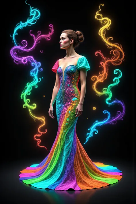 Take this image and multiply the number of swirl lines around the girl, while infusing lots of vibrant neon bioluminescent colors in the swirls as well. Make her mermaid gown highly reflective, mirror like, so all the light hits it, and reverberates it int...