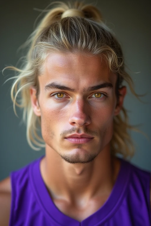  is cut off by a young guy. blond. Medium-length ponytail hair. gold-colored eyes. Light bristles. athlete. In a purple sports uniform. 