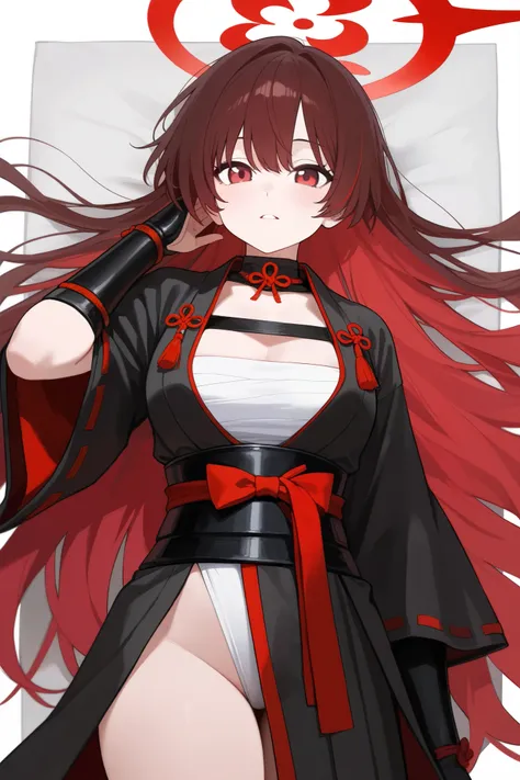 1 girl, Hair length reaches the back, Brown hair and red hair on the edges of the hair, red eyes, but not bright, wear a sexy samurai outfit, หน้าอกไซส์ปานกลาง, have a red halo