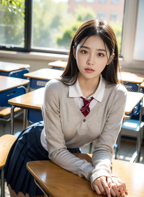  woman,  school uniform ,  Korean, classroom,  Dual ,  big womb