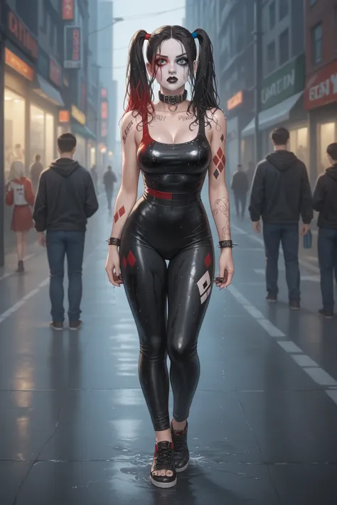 full-body shot of Harley Quinn as a sexy goth girl caught in a torrential downpour. long black hair, wet hair, pale skin, white skin, wet skin, black mascara, black lipstick, black nail polish, tattoos, breasts, iconic costume, black collar with silver spi...