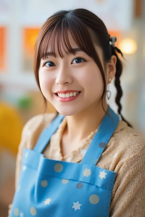  Super Fine、 up of her face 、 and she has a smile showing her teeth,  apron to interact with kindergarteners,The background is a kindergarten、   high image quality、細部にわたって  high image quality,I'm wearing a 