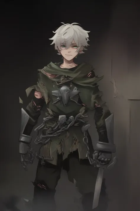 Solo, white hair, 1male, steel armor, green eyes,  the_coffin_of_andy_and_leyley, Short Hair, damaged hair, green tunic, ripped jean, broken shackles, holding dagger, standing, tired smile, green ripped scarf, broken chains, scars, 