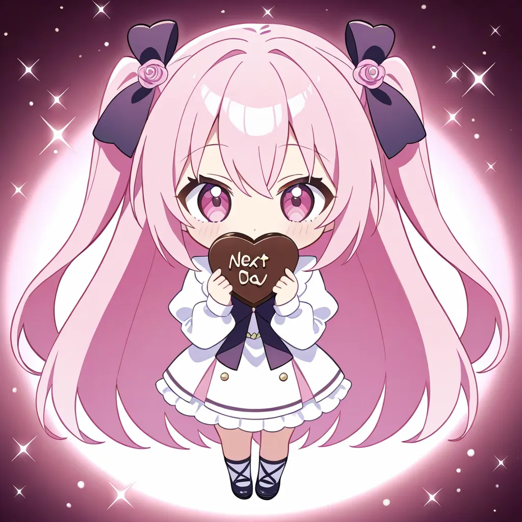 Figure handing over heart-shaped Valentine's Day chocolate:1.5、 in ultra high quality、8k、16k、 super quality next to each other、 detailed face、 Details、 big eyes、 pink eye、 very long hair、 pink hair 、 side up、 simple background、 glitter effect、 full body sh...