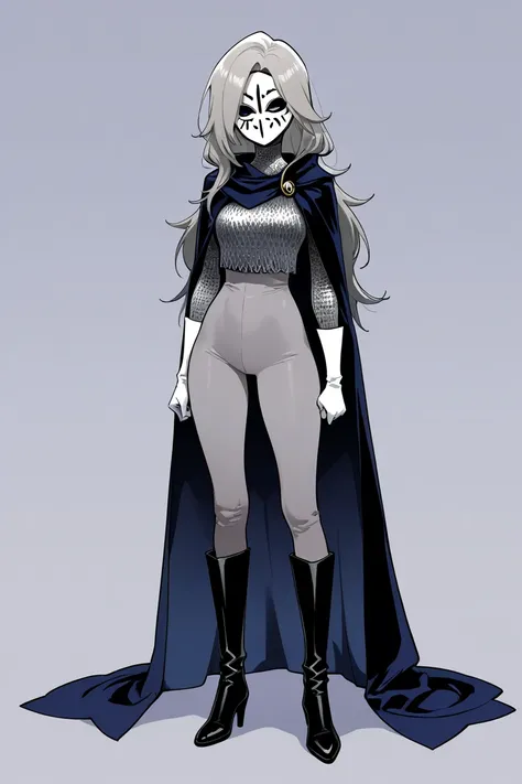 high resolution, masterpiece, necessary, detail, best quality, quality, necessary, details, High details, Precise, 
 

By vivsiepop

, 1girl, solo, grey full bodysuit, long cape, blue and black cape, cape touches on ground, white gloves, armors shoulders, ...