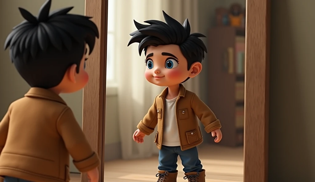 A boy named Zayn aged 10 has black hair and blue eyes and dressed a white shirt with a brown jacket and blue pants and brown shoes. continued to use the mirror, but with a different perspective.  