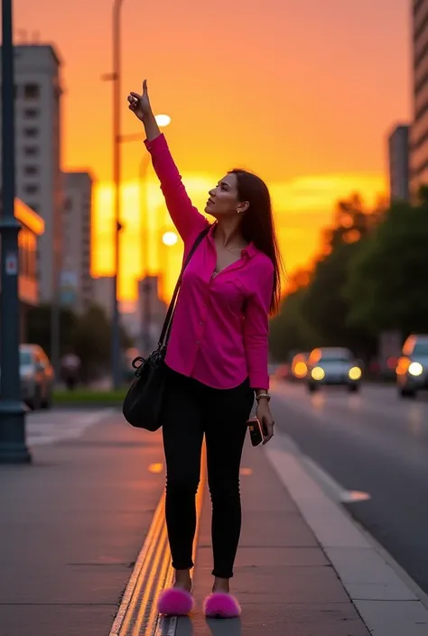 a person standing on a sidewalk during sunset. They are dressed in a bright pink shirt, black pants, and pink slippers, holding a black handbag and a phone. One arm is raised, pointing towards the sky. The background features a vibrant orange and yellow su...