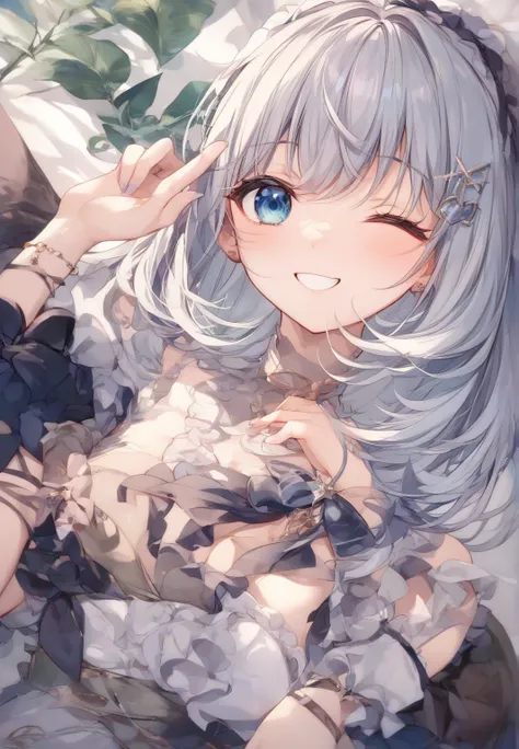  white hair、Gray Hair、 beautiful girl、 big smile 、Innocent、Delighted、cute frilly clothes、 white skin、Transparency、 cute、 cute、woman、Older sister、 slender、 Slim、 high image quality、4ｋ、 medium hair、 is adorable、Thread、 wink、smile、 happy、 spoiled expression、C...