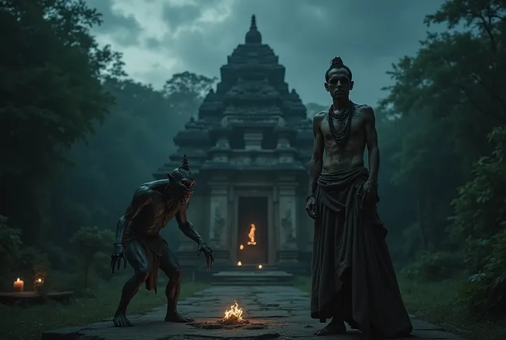 An Indian tantric offering narbali to a hanrikath in front of a Jungle Temple.epic night horror video 