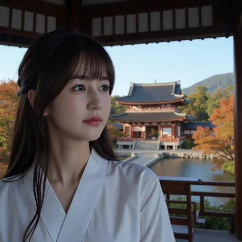 Photograph of The photo of a young east-asian woman with long dark hair and bangs, wearing a white kimono. She is standing in front of a wooden gazebo with a view of a traditional Japanese temple in the background. The woman is looking off to the side with...