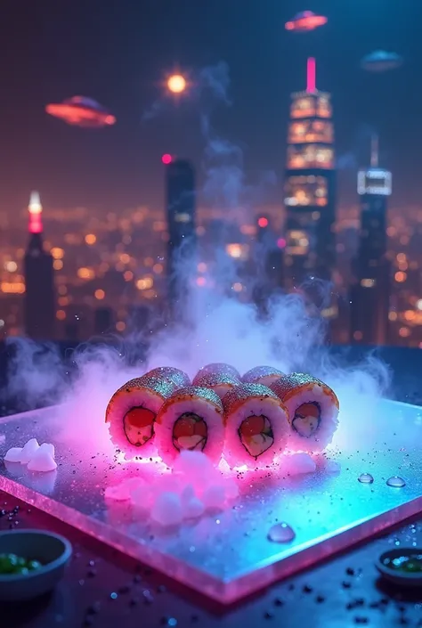 
. **"Dish from the Future"**
Sushi rolls floating in the air above a table made of holographic glass. Each piece is illuminated with neon gradients (pink, blue, purple), and instead of soy sauce there are smoking drops of liquid nitrogen. In the backgroun...