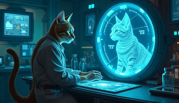 Inside a hidden underground lab, an old cybernetic cat named Dr. Whiskers studies a glowing hologram of Huza and Zuba. His mechanical tail moves as he analyzes their DNA. The lab is filled with futuristic technology, blue glowing lights, and floating data ...