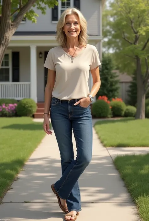 Create a realistic 50-year-old blonde woman on the sidewalk at home