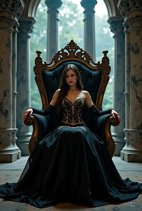 Beautiful woman sitting on a throne with a long black and gold dress in a castle by night