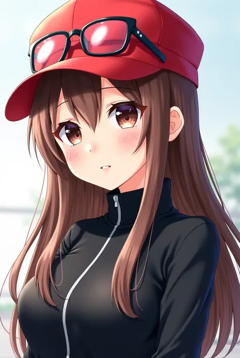 Female anime, beautiful, brown long hair , with red hat , And on top of the hat some glasses,  with a black zipped sweatshirt 