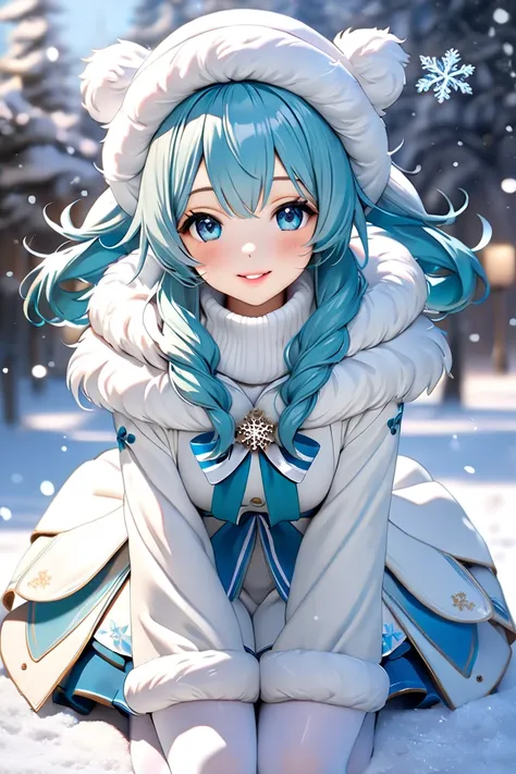 Super resolution  by Nomi photos , wondrousな雪の世界に描かれたyuki miku,  Snow Miku is beautiful and cute  ,  detailed blue eyes and glossy lips  、白い Ultra Real Skin,   white fluffy fur on a soft white hat  。  Wears a cute fur costume that blends into the white sno...