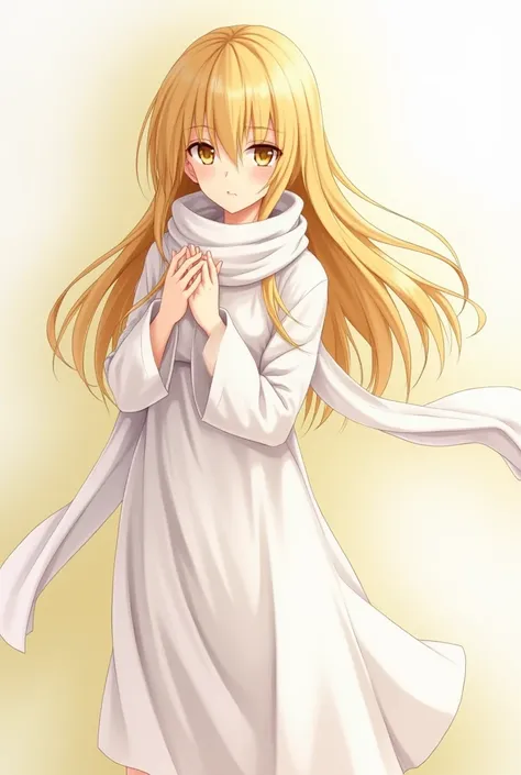 Blonde anime girl with long straight hair ,  looking  , goddess, wearing a soft white dress that reaches her knees , yellow eyes being covered by error or fault windows windows in your right eye 
And serious look and soft and long white scarf 
Manga style ...